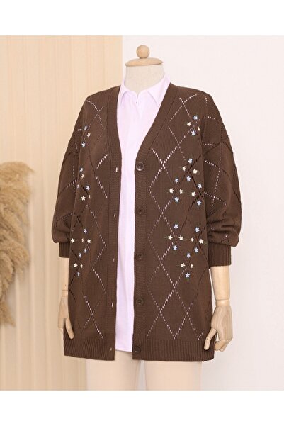 Modamorfo Openwork Floral Embroidered Buttoned Knitwear Cardigan - Coffee