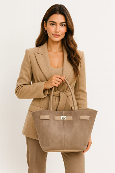 NOTHING Women's Mink Suede Leather Hand and Shoulder Bag with Magnet Closure and Lock Detail