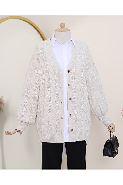 Modamorfo Knitwear Cardigan - Braided and Buttoned, Stone Color