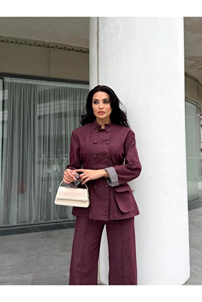 Julidress Plum Button Detailed Blazer Jacket and Pants Bottom Top Premium Denim Suit