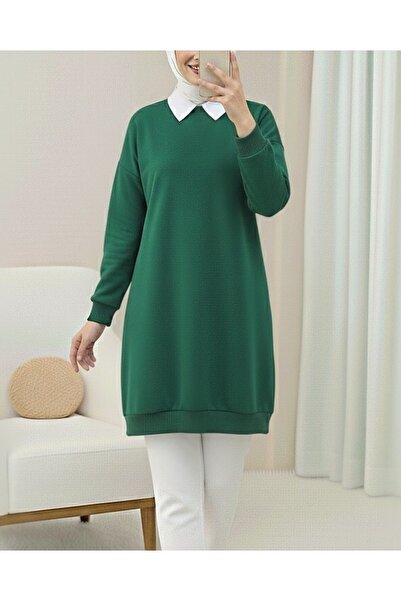 Modamorfo Crew Neck Slit Combed Cotton Sweatshirt - Emerald