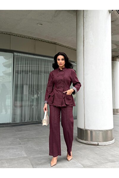 Julidress Plum Button Detailed Blazer Jacket and Pants Bottom Top Premium Denim Suit
