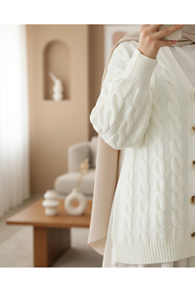 Modamorfo Hair Knitted Buttoned Knitwear Cardigan -Ecru