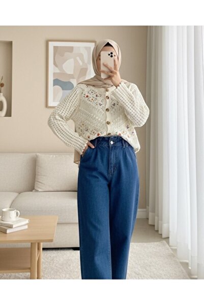 Modamorfo Pompom Knitted Pattern Embroidered Lace-Like Knit Cardigan -Ecru