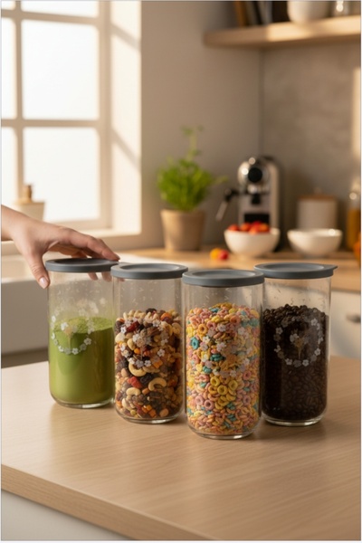 LAV Duo Storage Container Set of 6 - Glass Jar Food Storage Container Set Gray 1400 Ml. (Flower Decorated)