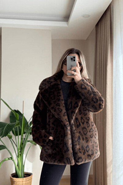 SEHOCO BUTİK Kahve Leopar Suni Kürk/Kaban