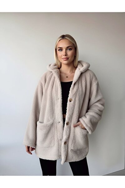 Butik İNCİ WEARS Çift Cepli Önü Düğmeli  Peluş Ceket Bej