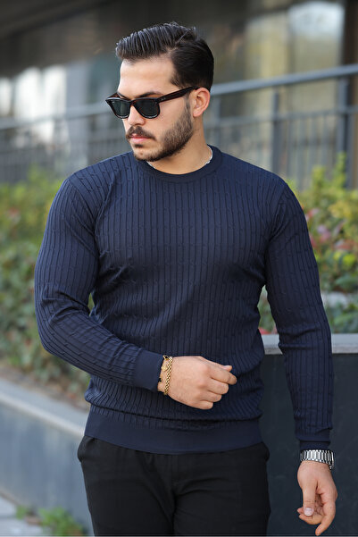 comstar Men's Crew Neck Long Sleeve Navy Blue Knit Sweater