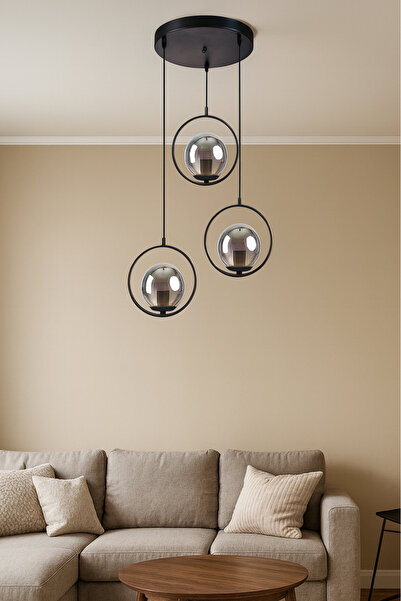 Uçar Rodi Modern Tasarım Antre Mutfak Salon Siyah Renk Sarkıt Minimal Sarkıt Füme Camlı 3 lü Avize