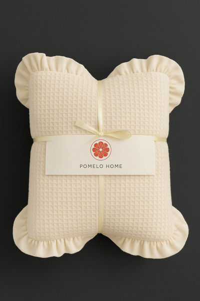 POMELO HOME Tek Kişilik Petek Dokulu %100 Pamuk Fırfırlı Yatak Örtüsü Takımı | Ekru Waffle Cotton Set