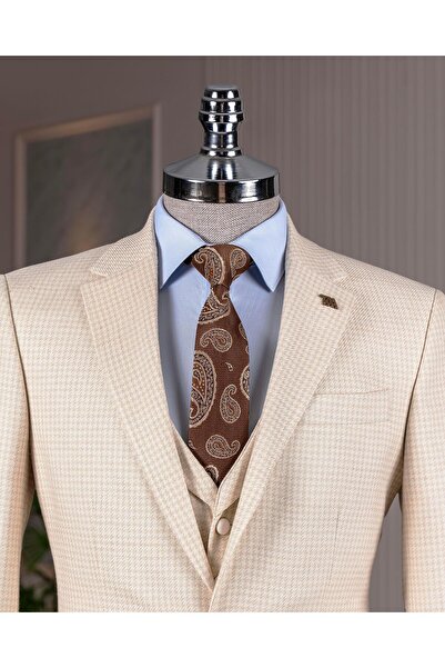 TerziAdemAltun Beige Slim FiT ITalian STyle HoundsTooTh PaTTerned JackeT VesT PanTs SeT - T12790