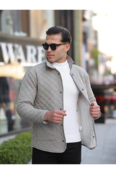 comstar Men's Snap Fastener Basic Winter Fur Gray Quilted Coat