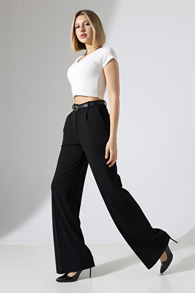 LOKADI Γυναικείο δερμάτινο παντελόνι Palazzo με φαρδιά πλισέ με ζώνη