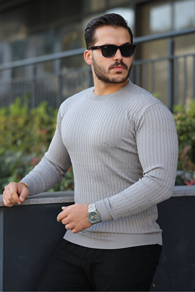 comstar Men's Crew Neck Long Sleeve Gray Knitwear Sweater