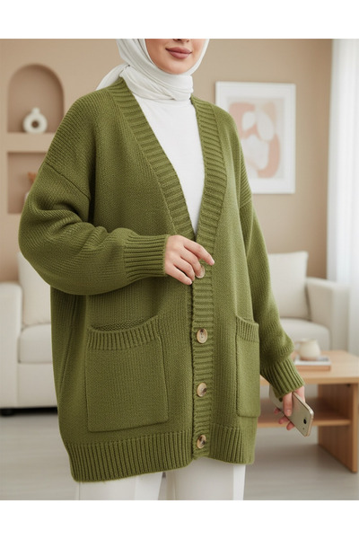 Modamorfo Buttoned Double Pocket Casual Knit Cardigan -F.Green