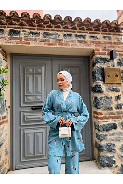 comstar Women's Hijab Kimono Loose Pants Blue Double Set