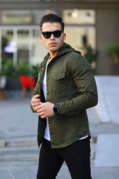 comstar Men's Hooded Snap Fastener Loose Basic Khaki Denim Shirt