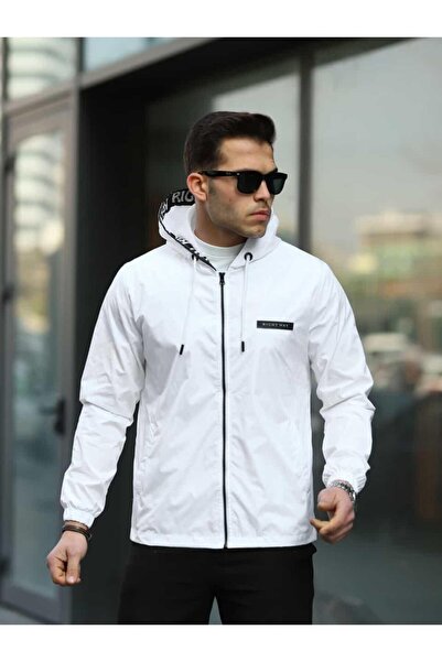 comstar Men's Zippered Hooded White Windbreaker & Raincoat