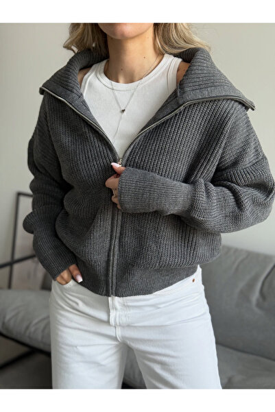 Nopen Knitwear Women's Anthracite Gray Zippered Knitwear Cardigan
