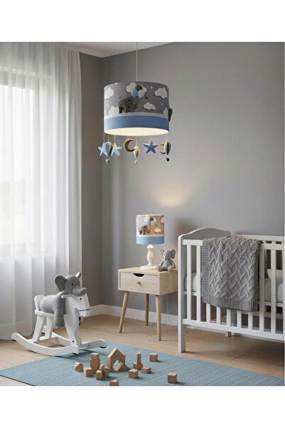 Genel Markalar Gri Bulutlu Beyaz Şeritli Fil Figürlü Bebek/çocuk Odası Tasarı...