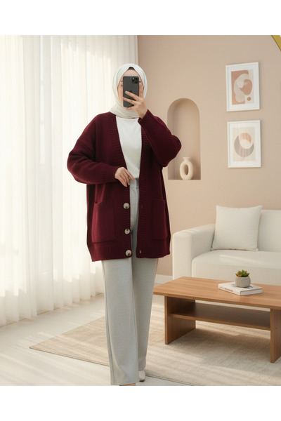 Modamorfo Buttoned Double Pocket Casual Knit Cardigan - Burgundy