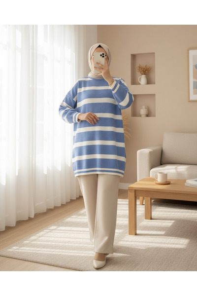 Modamorfo Tunica din tricotaje hijab de iarnă cu dungi albastre