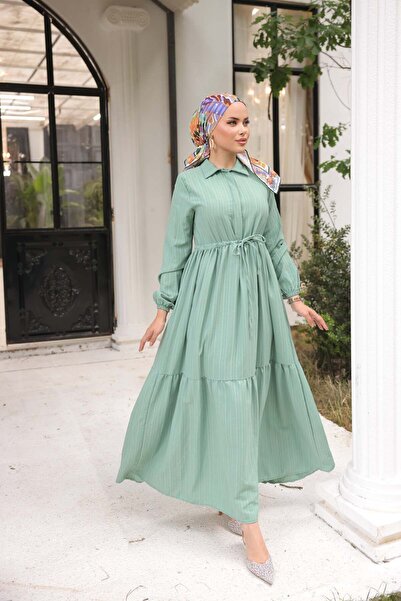 comstar Women's Long Sleeve Gathered Hijab Water Green Long Dress