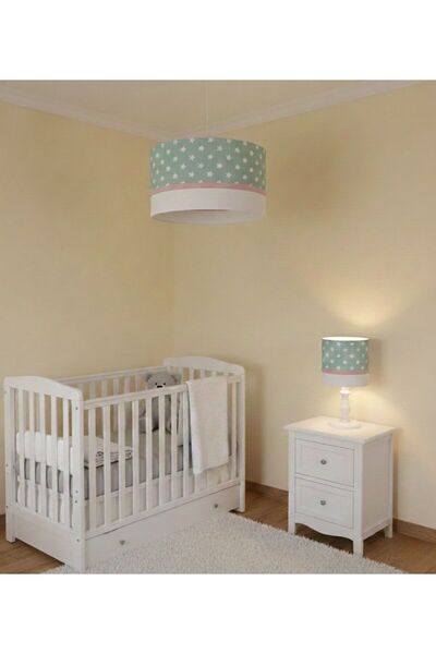 Leobabyroom Mint Yeşili Minik Yıldız Desenli Pembe Şerit Bebek/çocuk Odası Ta...