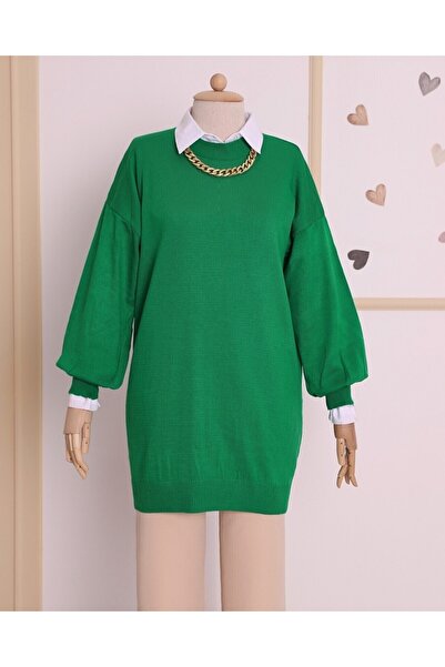 Modamorfo Emerald Balloon Sleeve Knitwear Tunic - Plain Crew Neck