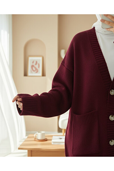 Modamorfo Buttoned Double Pocket Casual Knit Cardigan - Burgundy