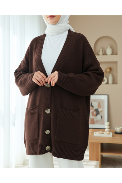 Modamorfo Buttoned Double Pocket Casual Knit Cardigan -K. Brown