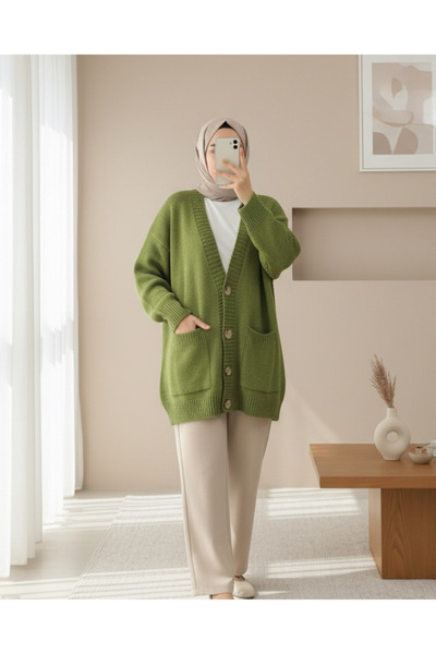 Modamorfo Buttoned Double Pocket Casual Knit Cardigan -F.Green