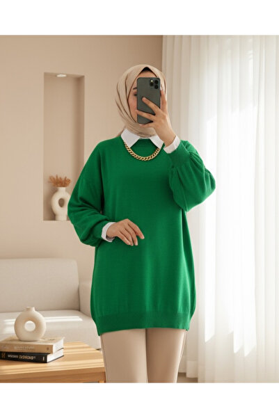 Modamorfo Emerald Balloon Sleeve Knitwear Tunic - Plain Crew Neck