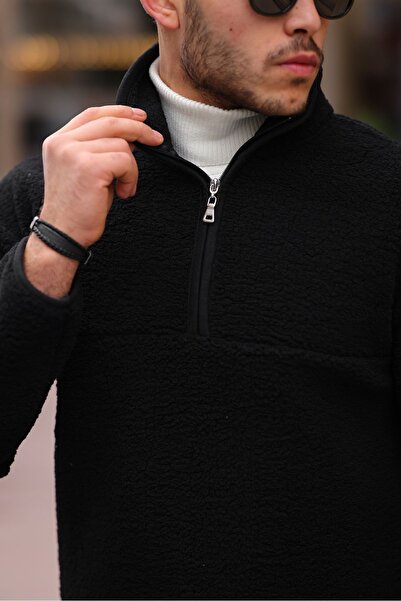 comstar Men's Half Zipper Winter Thick Black Plush Sweat