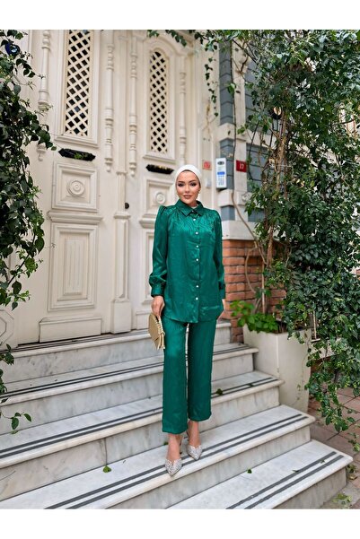 comstar Жіночий сорочковий комплект із широкими штанами та верхнім елементом із візерунком, смарагдовий