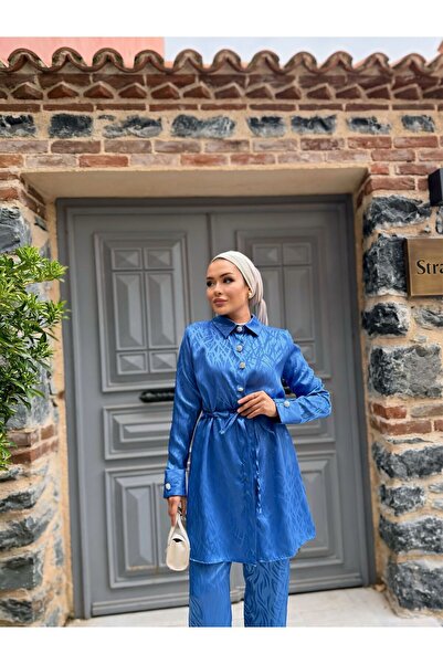 comstar Women's Tied Long Jacket Loose Trousers Blue Double Set