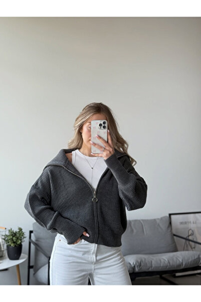 Nopen Knitwear Women's Anthracite Gray Zippered Knitwear Cardigan