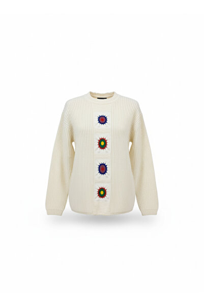 CLOUDY WEAR&DESİGN Pulover tricotat pentru fetiță, cu detaliu de broderie colorată, roz-ecru supradimensionat