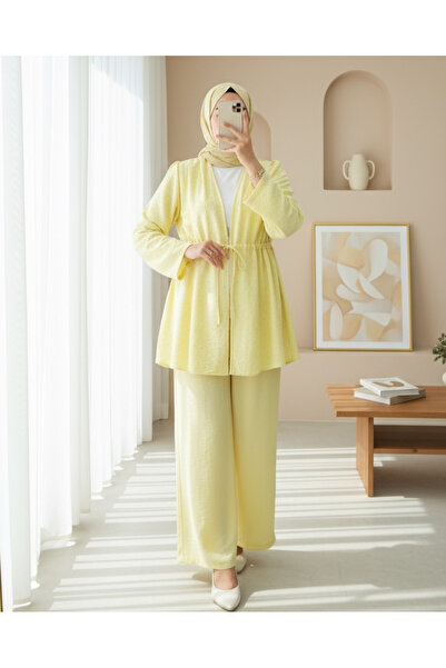 Modamorfo Kimono Suit with Tunnel Laces and Stoned Wide Leg Trousers - Yellow