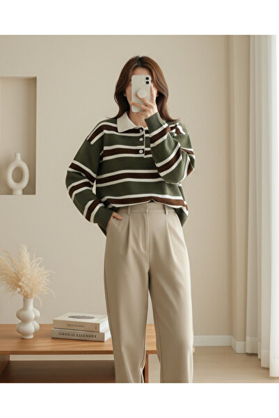 Modamorfo Polo Neck Buttoned Colorful Striped Knit Sweater - Khaki