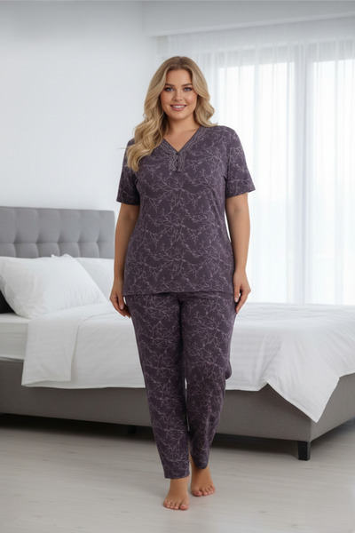 Temporium Large Size Lace Collar Short Sleeve Bamboo Pajamas Set