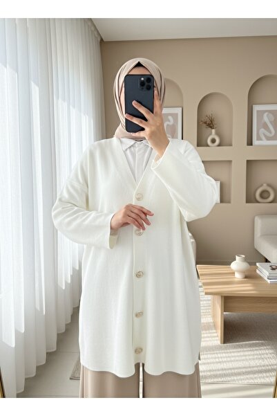 Modamorfo V-подібний комір на ґудзиках, оверсайз трикотажний кардиган - Екрю