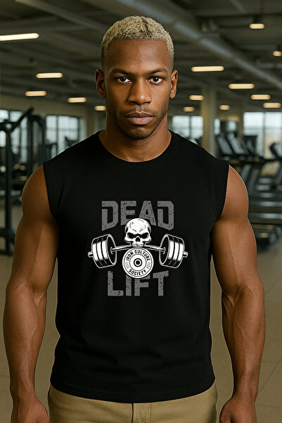 BESSA Ανδρικό μπλουζάκι Deadlift με τύπωμα Μαύρο oversized Βαμβακερό αμάνικο μπλουζάκι/σουλάκι