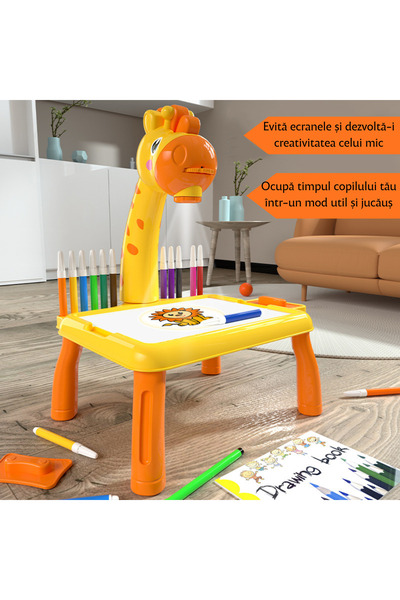 Mirunia Set Creativ cu Muzica si Masa pentru Desen Destinat Copiilor, cu Videoproiector - Model Girafă