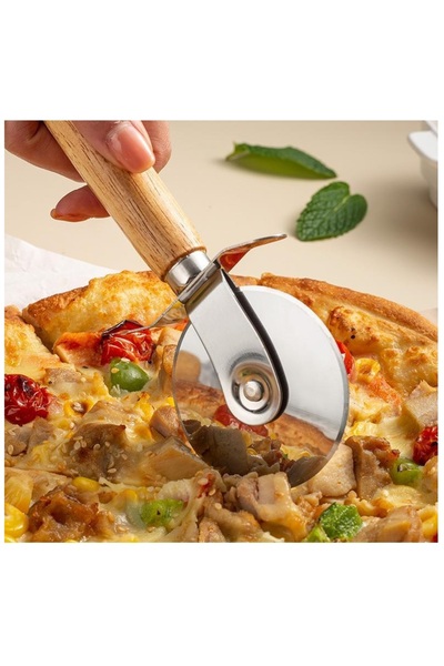 ZUZU MADE Bambu Saplı Paslanmaz Çelik Pizza Kesici Rulet Pizza Bıçağı Hamur Kesici Rulet 17 cm