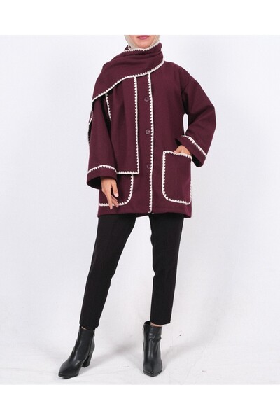 Modamorfo Buttoned Front Jacket with Scarf and Pockets - Burgundy