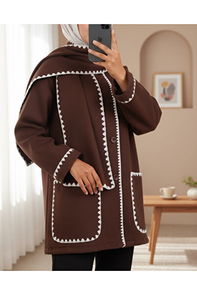 Modamorfo Önü Düğmeli Atkılı Cepli Ceket -Kahve