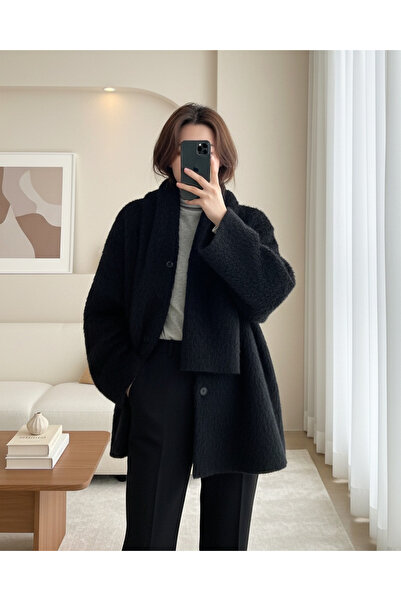 Modamorfo Bearded Jacket with Scarf Detail and Buttoned Front - Black