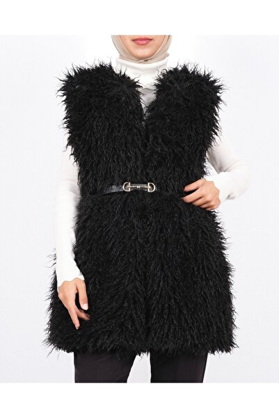 Modamorfo Belted Side Pocket Fur Lined Vest - Black