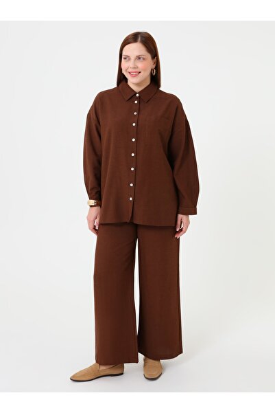 ALİA Shirt Pants Plus Size Double Set - Brown -